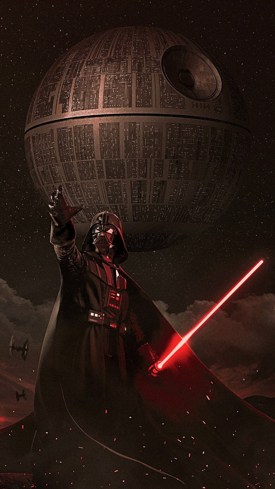 Darth Vader Wielding Red Lightsaber Before the Death Star in Dark Space HD phone wallpaper