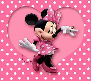 Minnie Mouse in Pink Polka Dot Outfit with Heart Background HD wallpaper