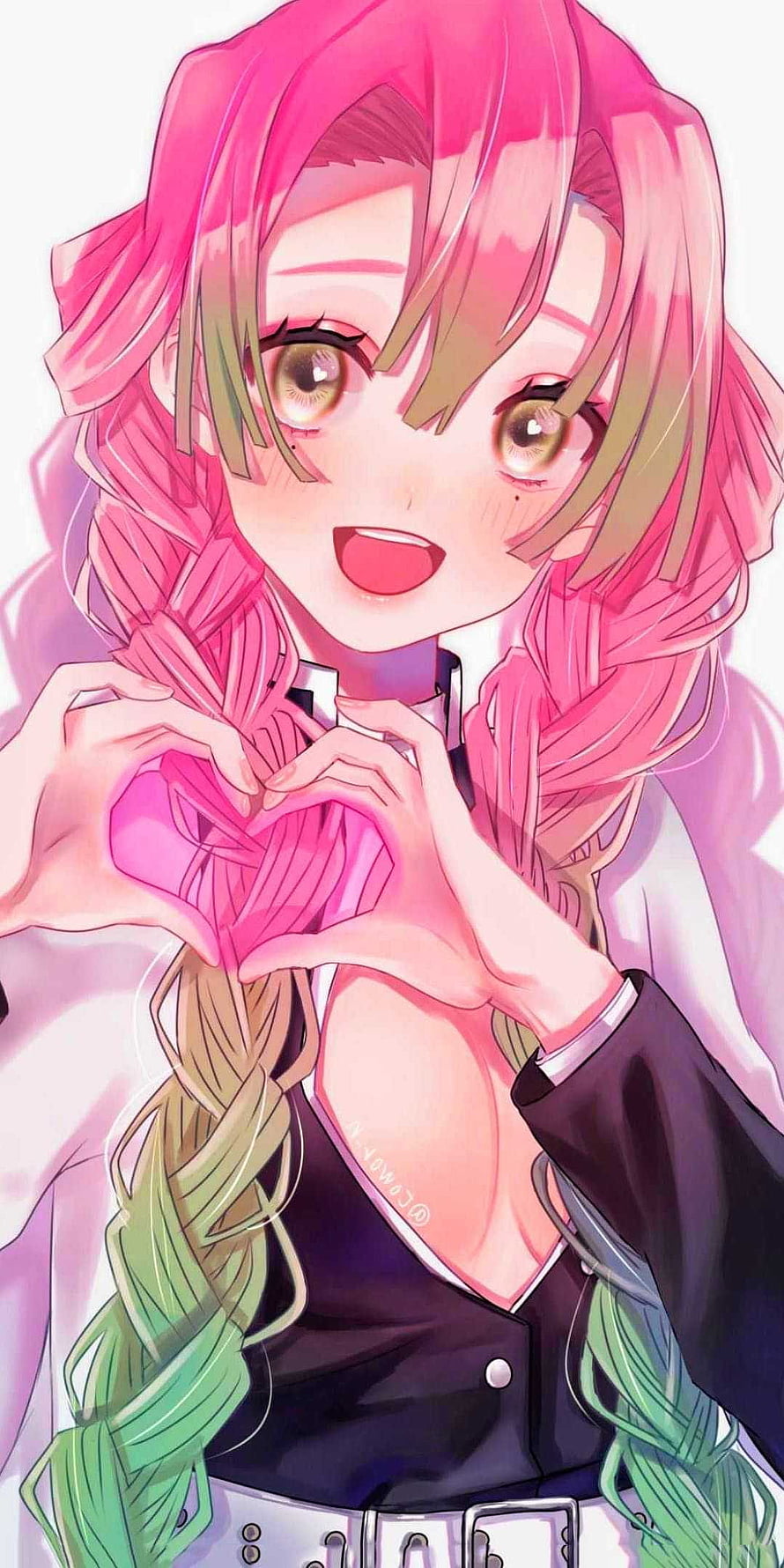 Mitsuri Kanroji from Demon Slayer Making a Heart Shape with Her Hands HD phone wallpaper