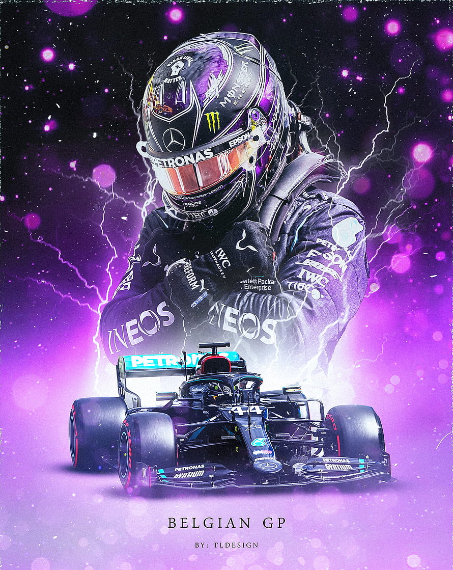 Lewis Hamilton Mercedes F1 Belgian GP Victory Poster with Purple Lightning HD phone wallpaper