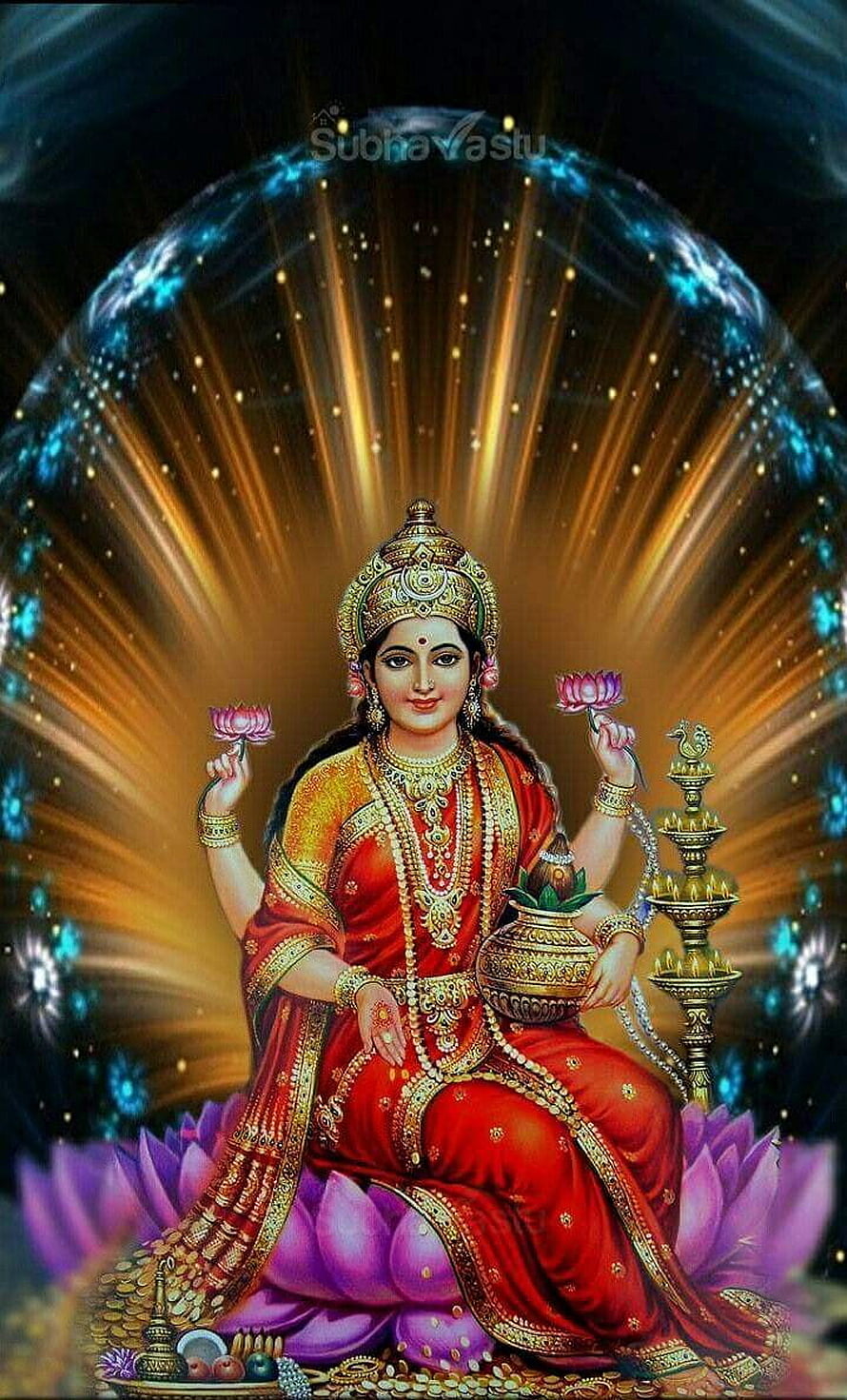 Goddess Lakshmi Seated on Lotus with Pot of Gold and Oil Lamp in Radiant Divine Light HD phone wallpaper