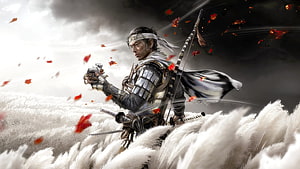 Ghost of Tsushima Jin Sakai Samurai Warrior in Pampas Grass Field with Katana and Bow HD wallpaper