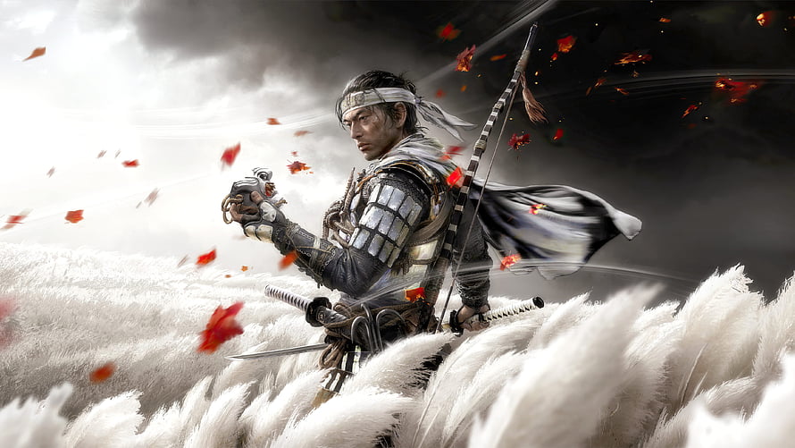 Ghost of Tsushima Jin Sakai Samurai Warrior in Pampas Grass Field with Katana and Bow HD wallpaper