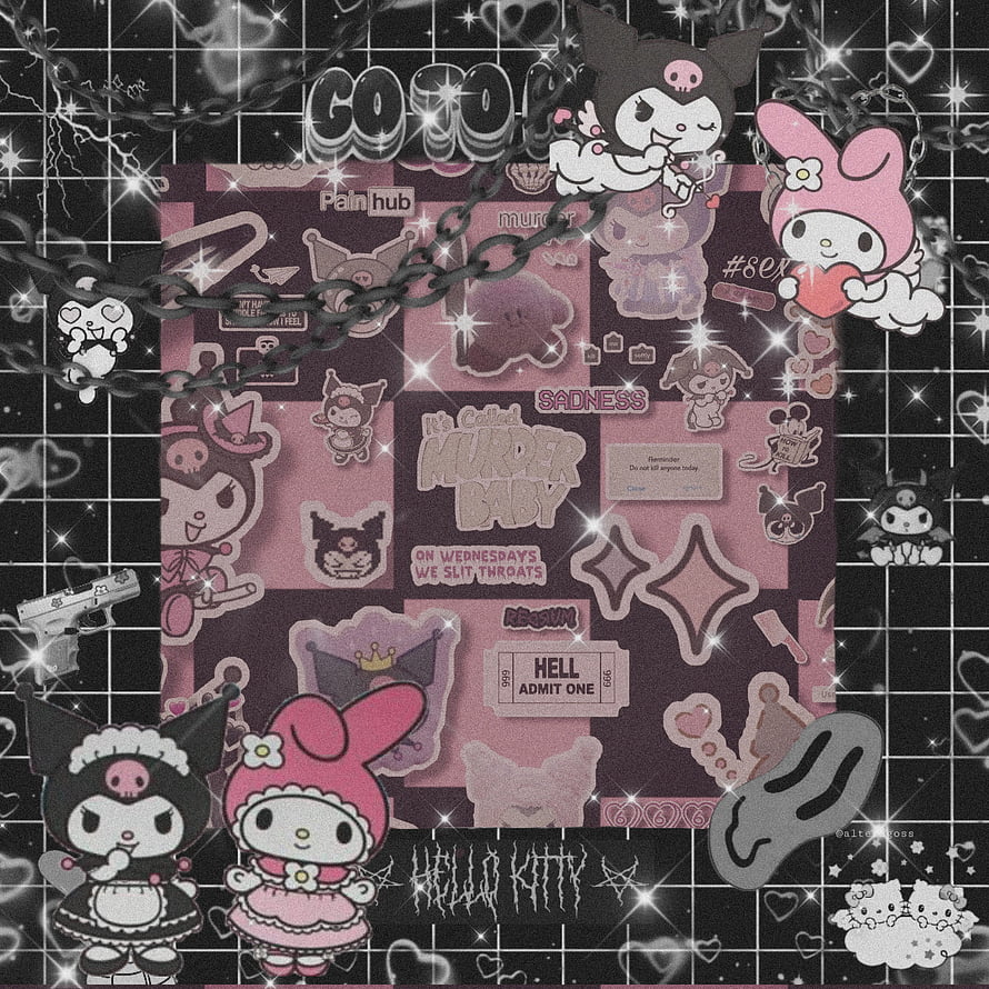Sanriocore Aesthetic Collage Featuring Kuromi and My Melody with Dark Gothic Elements HD phone wallpaper