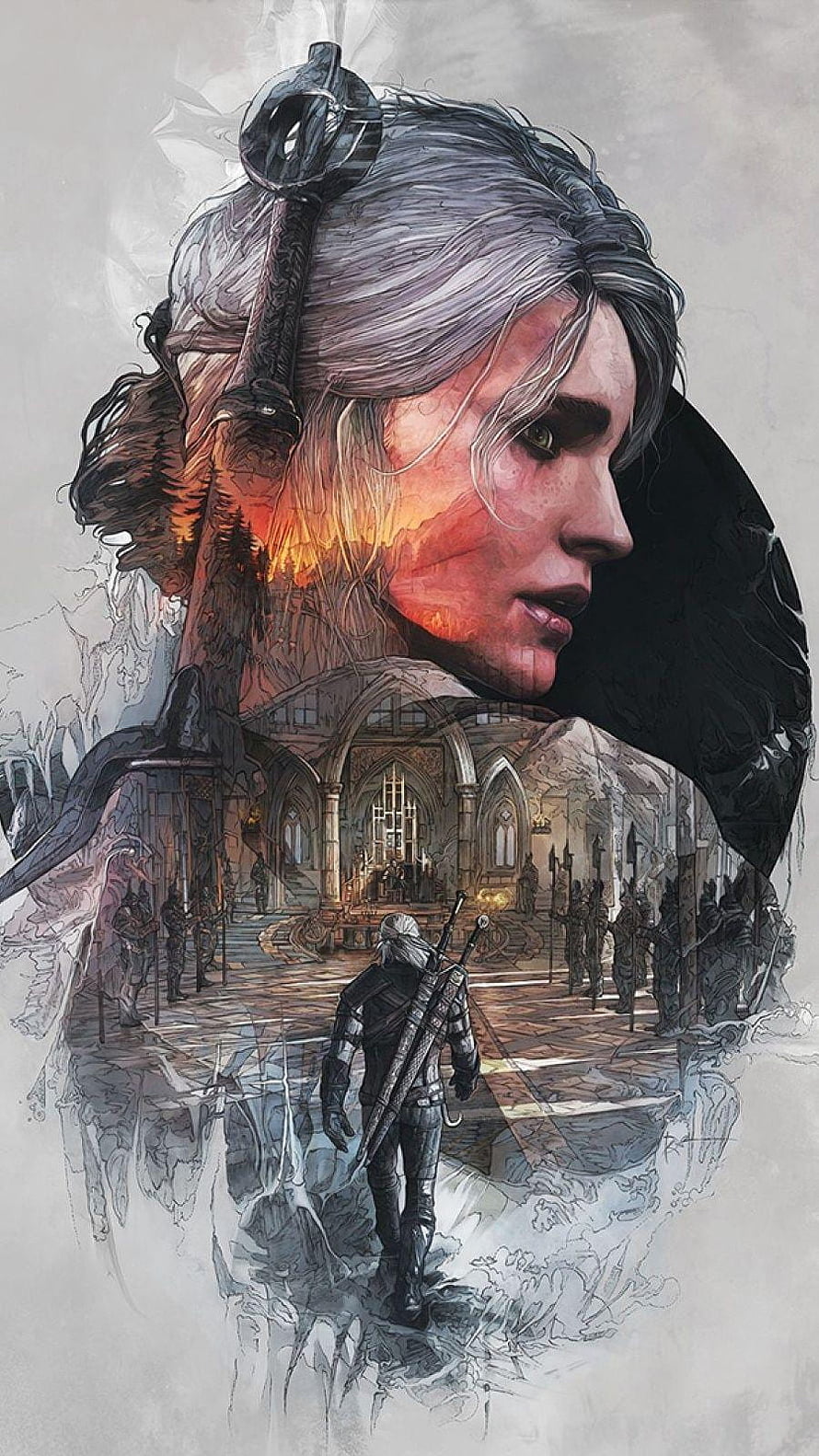The Witcher 3 Wild Hunt Concept Art Featuring Ciri and Geralt in a Double Exposure Fantasy Illustration HD phone wallpaper