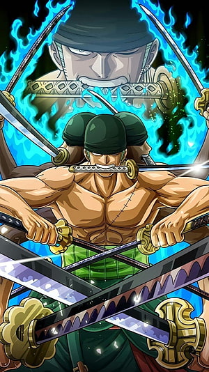 Roronoa Zoro from One Piece wielding three swords with blue flame aura HD phone wallpaper
