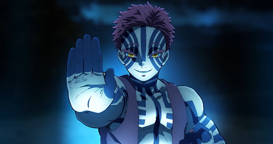 Akaza Demon Slayer Anime Character With Blue Stripes And Purple Hair HD wallpaper