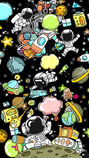 Colorful Cartoon Space Scene With Astronauts, Rockets, Planets, and Stars on Black Background HD phone wallpaper