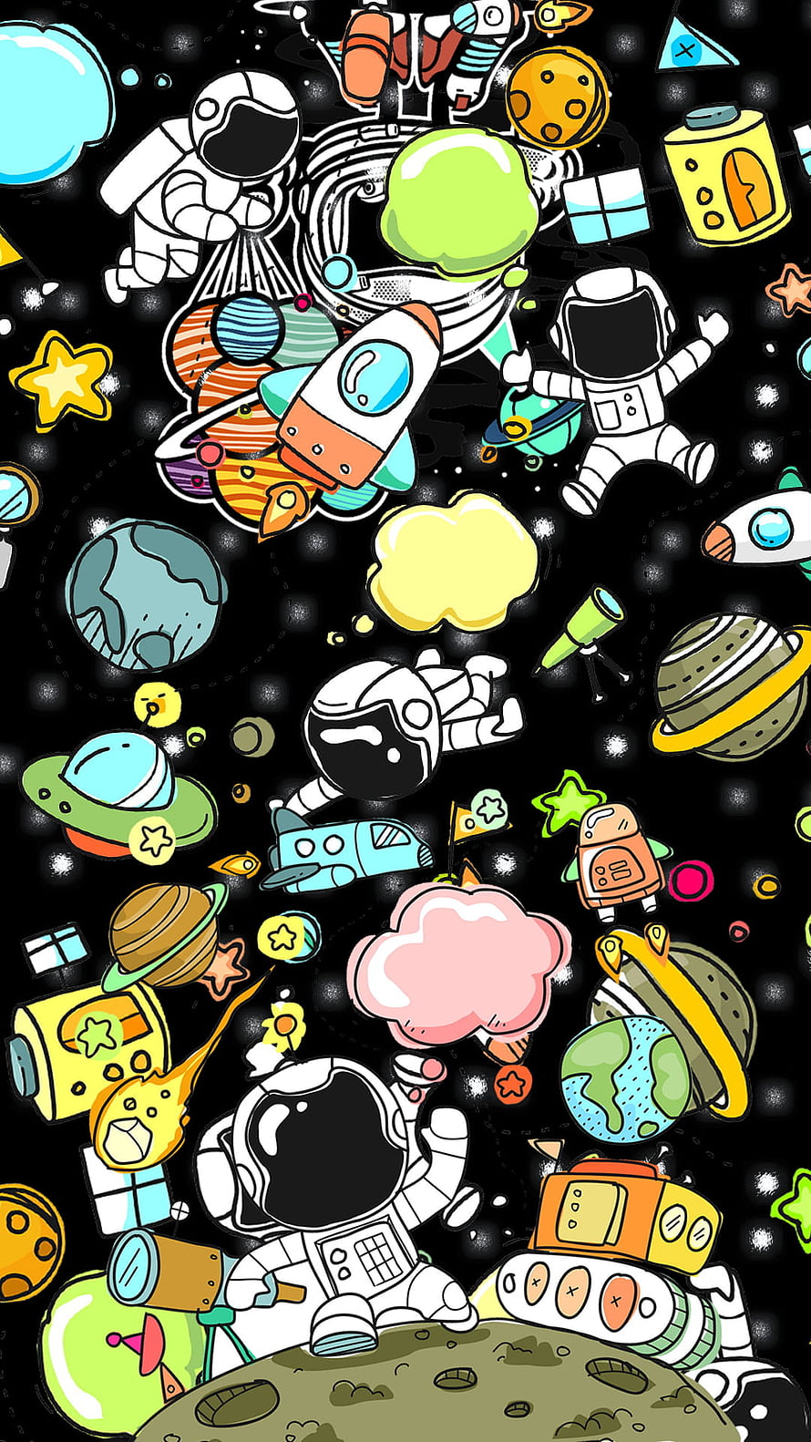 Colorful Cartoon Space Scene With Astronauts, Rockets, Planets, and Stars on Black Background HD phone wallpaper