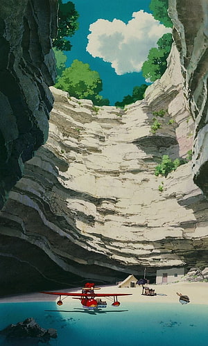 Porco Rosso Seaplane Docked in a Hidden Cavern Beach with Lush Green Foliage and Blue Sky HD phone wallpaper