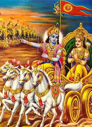 Krishna and Arjuna on the Chariot in the Bhagavad Gita Battlefield Scene HD phone wallpaper