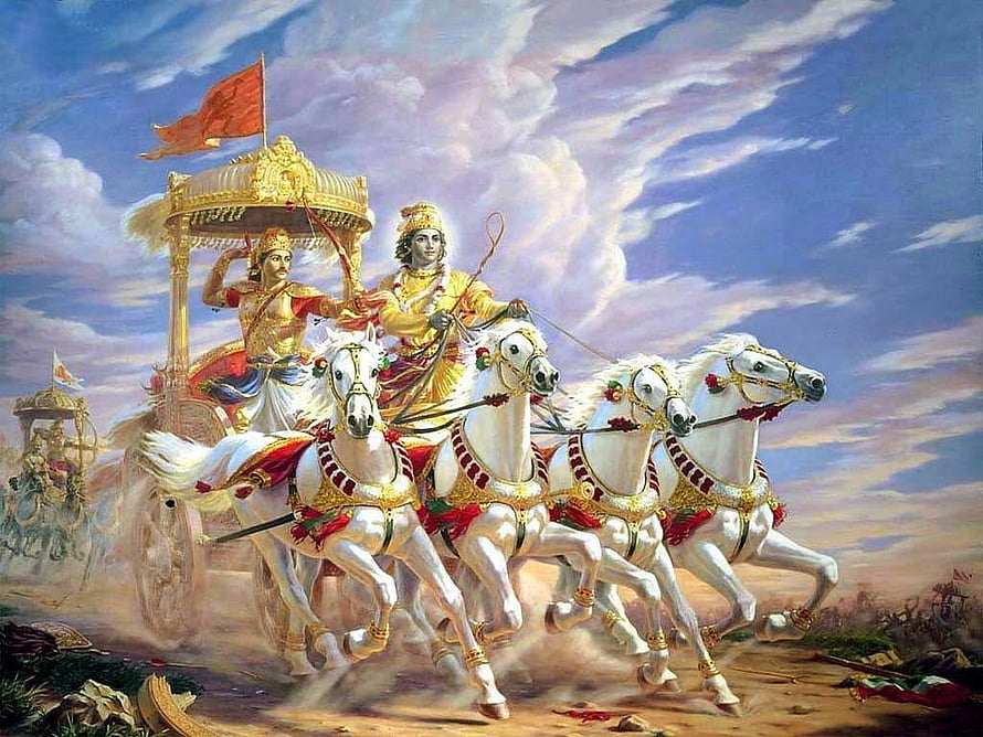 Arjuna and Krishna in the Chariot from the Mahabharata War HD wallpaper