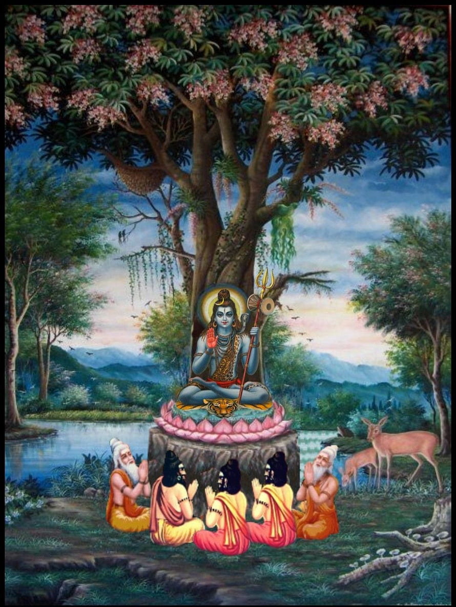 Dakshinamurthy Seated on Lotus with Disciples in a Serene Forest Landscape HD phone wallpaper