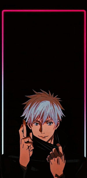 Gojo Satoru Anime Character Portrait with Neon Pink Border and Dark Background HD phone wallpaper