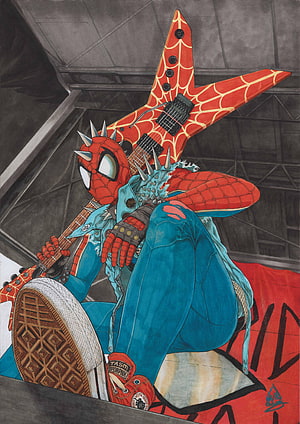 Spider-Punk Hobie Brown playing a star-shaped guitar in punk rock style HD phone wallpaper