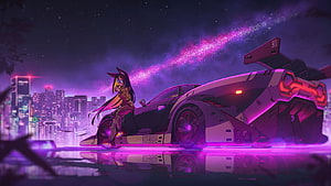 Anime Girl Sitting on Futuristic Sports Car in Neon Cyberpunk City HD wallpaper