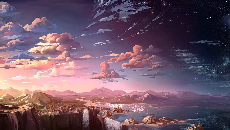 Anime Landscape Artwork Featuring Waterfall, Mountains, and Starry Twilight Sky HD wallpaper