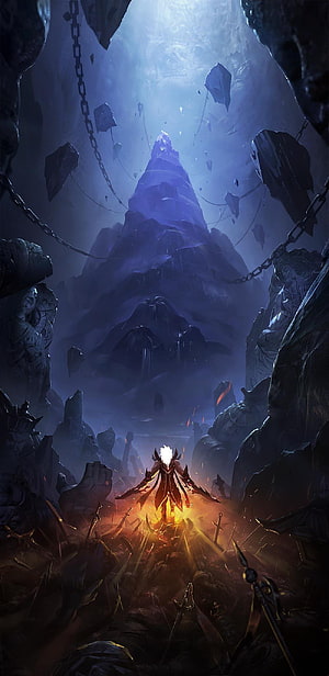Dark Fantasy Warrior Standing Amidst Swords in a Mystical Cave with Floating Rocks and Chains HD phone wallpaper