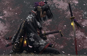Samurai Woman in Black Kimono Kneeling with Katana and Sakura Blossoms, Fantasy Asian Girl, Samurai, Uniform, Sakura Blossom, Katana HD wallpaper