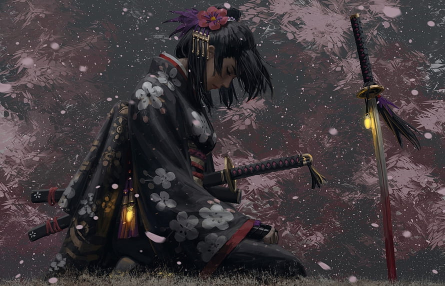 Samurai Woman in Black Kimono Kneeling with Katana and Sakura Blossoms, Fantasy Asian Girl, Samurai, Uniform, Sakura Blossom, Katana HD wallpaper