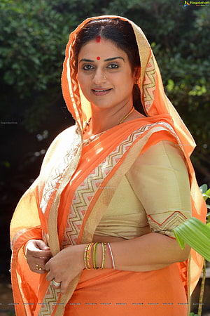 Pavitra Lokesh in Traditional Orange Saree with Gold Border and Bindi HD phone wallpaper