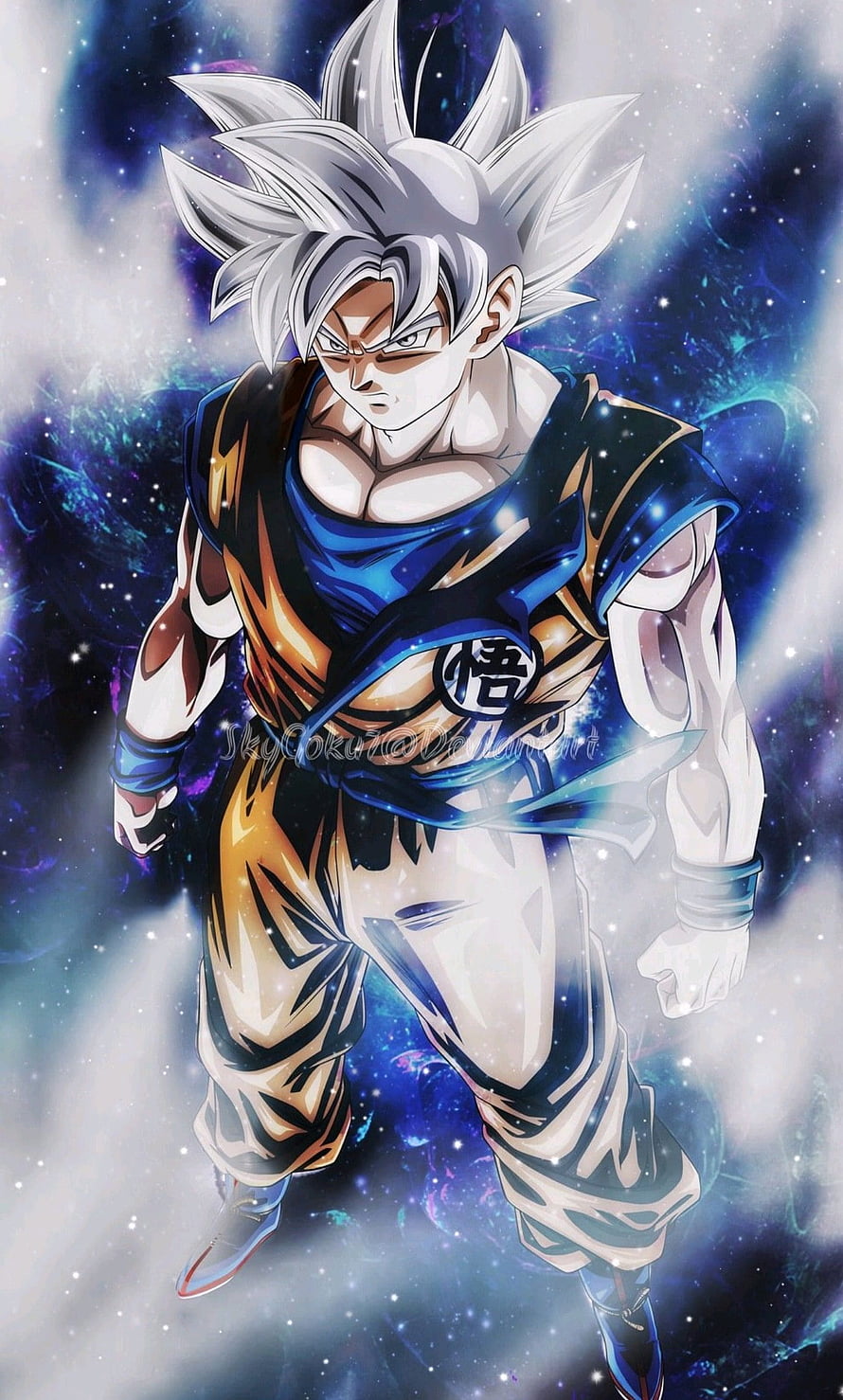 Goku Ultra Instinct Anime Character Artwork with Cosmic Nebula Background HD phone wallpaper