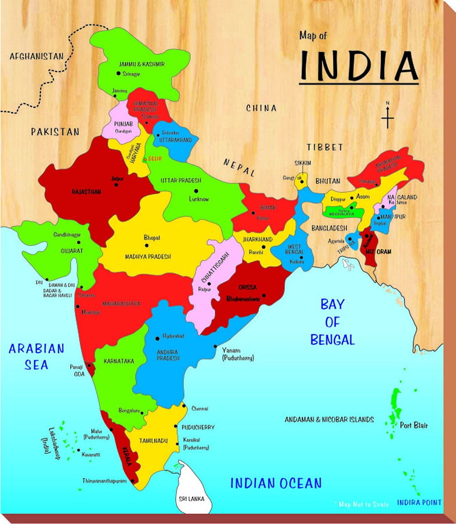 Colorful Political Map of India on Wood Texture Background with State Capitals HD phone wallpaper