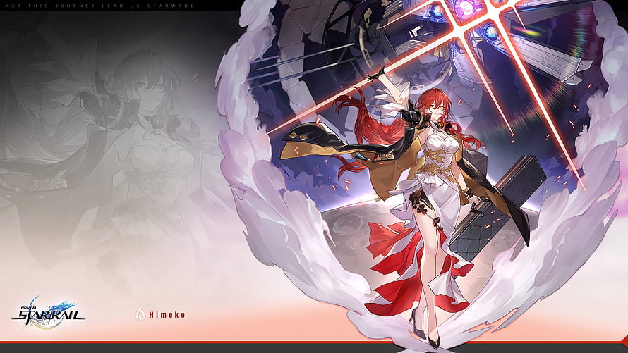 Himeko from Honkai Star Rail in a dynamic white and red outfit with glowing energy effects HD wallpaper