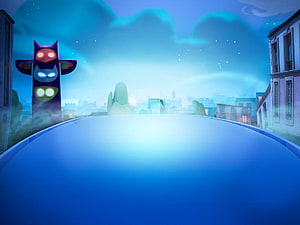 PJ Masks Cat Tower and City Rooftop at Night HD wallpaper