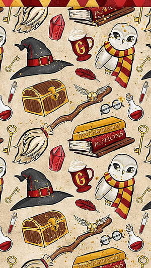 Harry Potter Hogwarts Themed Pattern with Witch Hat, Owl, and Magic Books HD phone wallpaper
