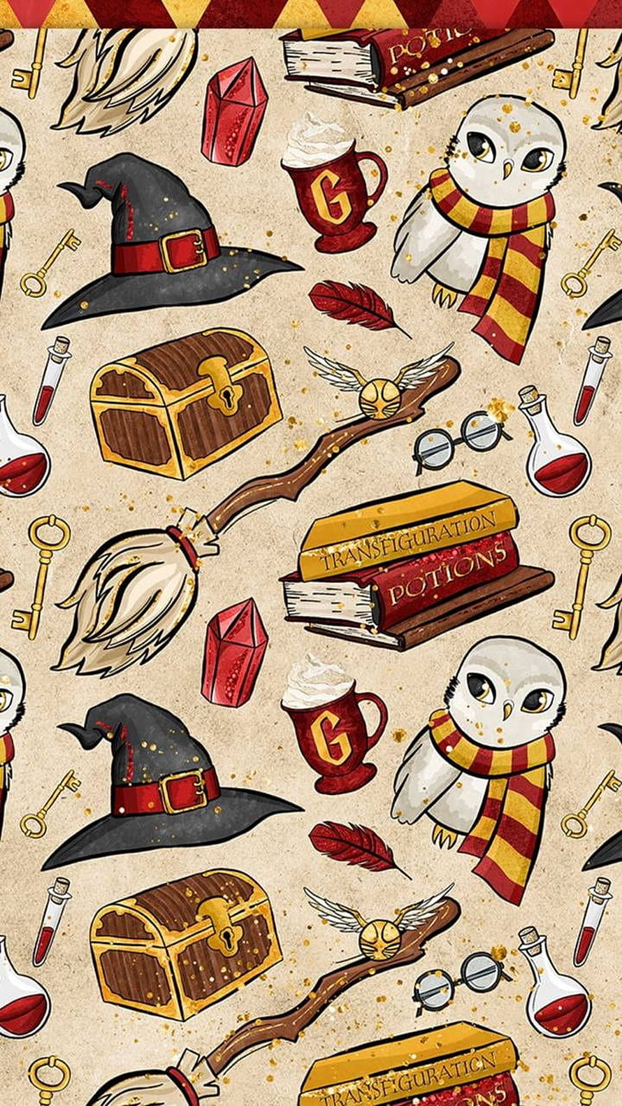 Harry Potter Hogwarts Themed Pattern with Witch Hat, Owl, and Magic Books HD phone wallpaper