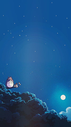 Totoro and Friends Gazing at Fireflies Under a Starry Night Sky HD phone wallpaper