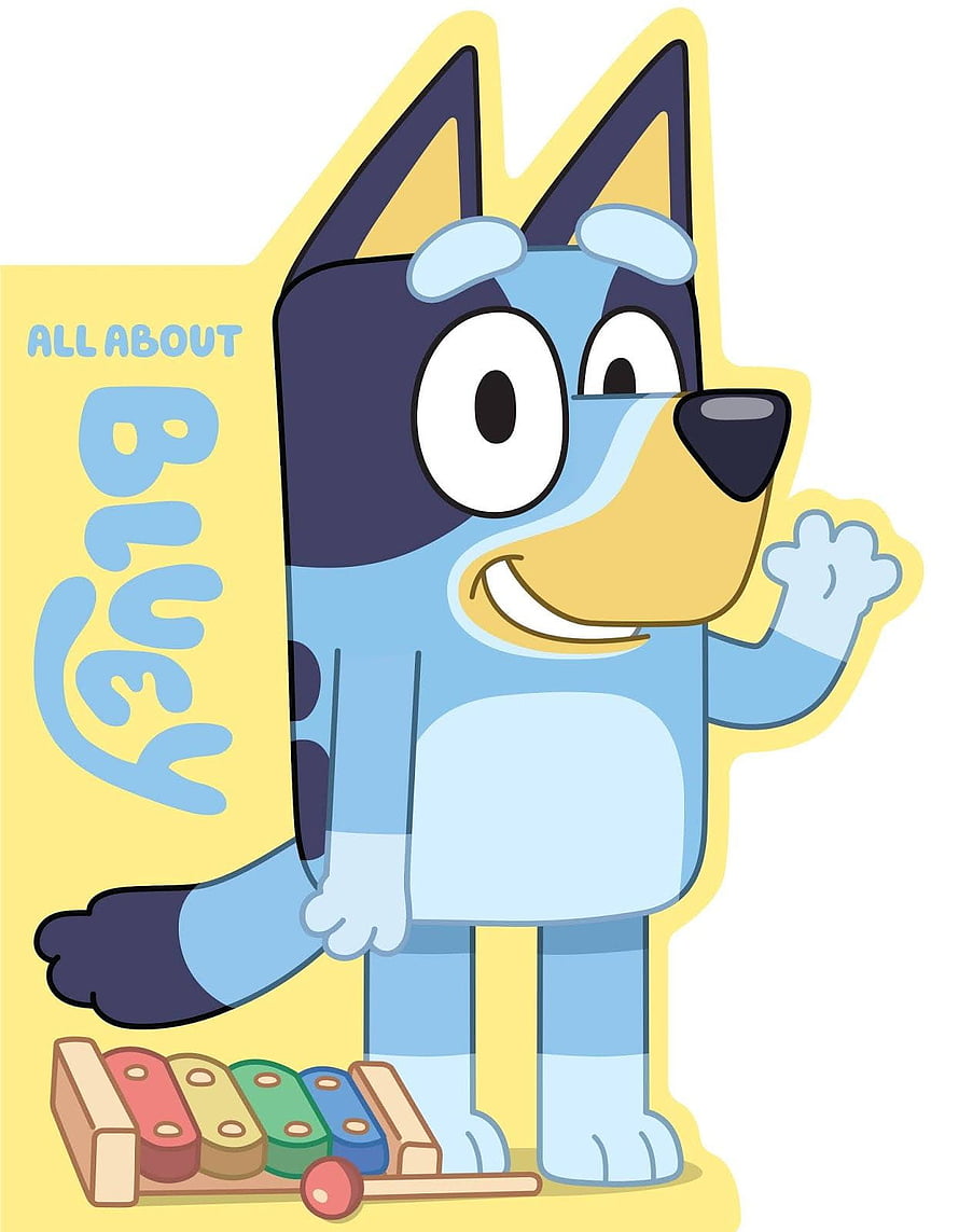 Bluey cartoon character waving beside a colorful xylophone on a yellow background HD phone wallpaper
