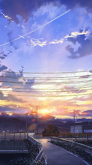 Anime Style Sunset Over Suburban Road With Power Lines And Distant Mountains HD phone wallpaper