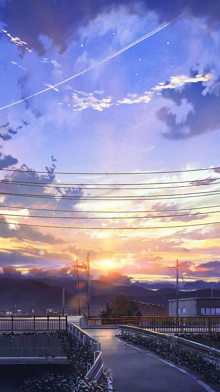 Anime Style Sunset Over Suburban Road With Power Lines And Distant Mountains HD phone wallpaper