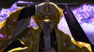 Zenitsu Agatsuma from Demon Slayer Holding Katana Against Purple Sky HD wallpaper
