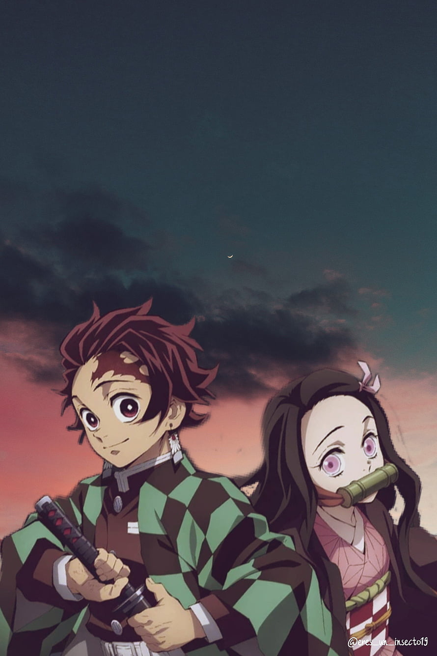 Tanjiro and Nezuko from Demon Slayer Standing Together Under a Dramatic Sunset Sky HD phone wallpaper