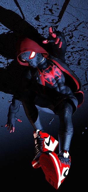 Miles Morales Spider-Man Hanging Upside Down in Red Hoodie and Sneakers, 1125x2436 Spiderman Miles Morales XS, 10, miles morales android HD phone wallpaper