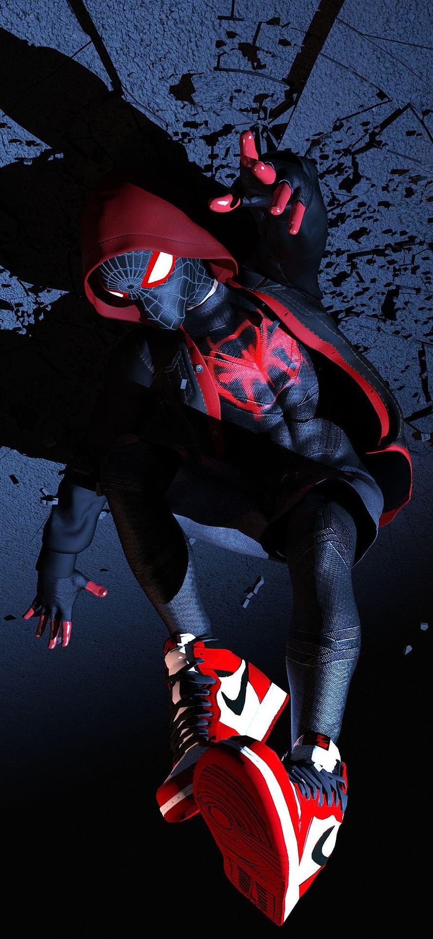 Miles Morales Spider-Man Hanging Upside Down in Red Hoodie and Sneakers, 1125x2436 Spiderman Miles Morales XS, 10, miles morales android HD phone wallpaper