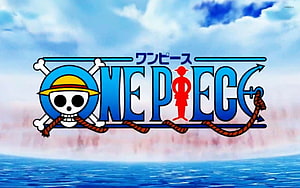 One Piece Jolly Roger Logo Over Ocean Horizon With Blue Sky And Clouds HD wallpaper