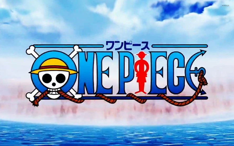 One Piece Jolly Roger Logo Over Ocean Horizon With Blue Sky And Clouds HD wallpaper