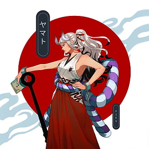 Yamato from One Piece in Traditional Japanese Attire with Chain and Red Sun Background HD phone wallpaper