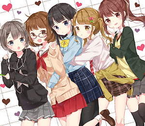 Cute Anime Girl Friends in School Uniforms with Hearts Background HD wallpaper