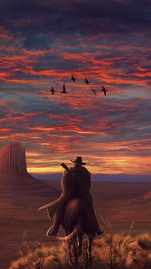 Red Dead Redemption 2 Lone Cowboy Silhouette Gazing at Dramatic Sunset Over Desert Canyon HD phone wallpaper