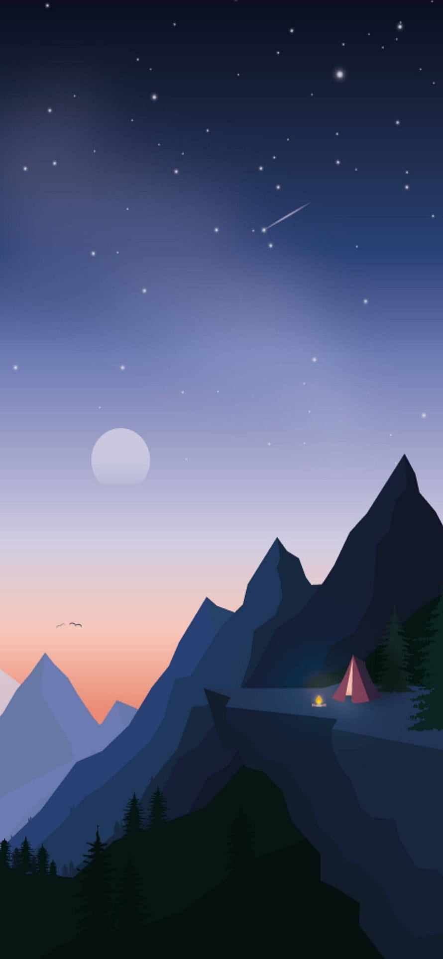 Minimalist Vector Illustration of a Mountain Campsite Under a Starry Night Sky with Shooting Star HD phone wallpaper