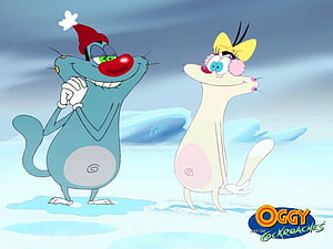 Oggy and Olivia in a Snowy Winter Scene from Oggy and the Cockroaches HD wallpaper