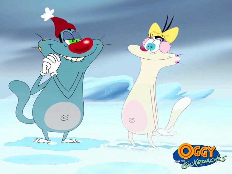 Oggy and Olivia in a Snowy Winter Scene from Oggy and the Cockroaches HD wallpaper