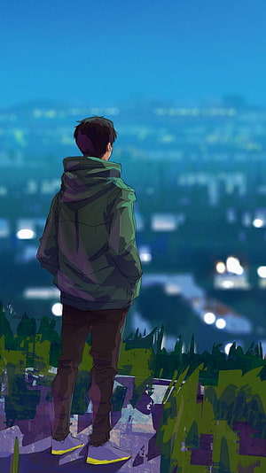 Anime Boy In Green Hoodie Looking At Night City Skyline From Hilltop HD phone wallpaper