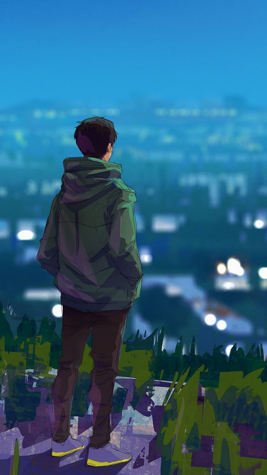 Anime Boy In Green Hoodie Looking At Night City Skyline From Hilltop HD phone wallpaper