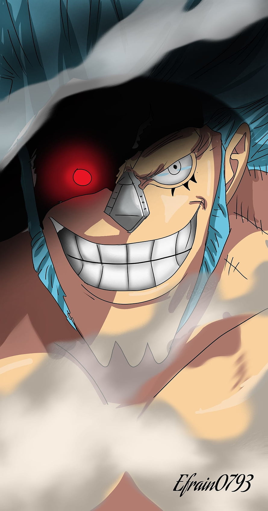 Franky One Piece Anime Character with Glowing Red Eye and Metal Nose HD phone wallpaper
